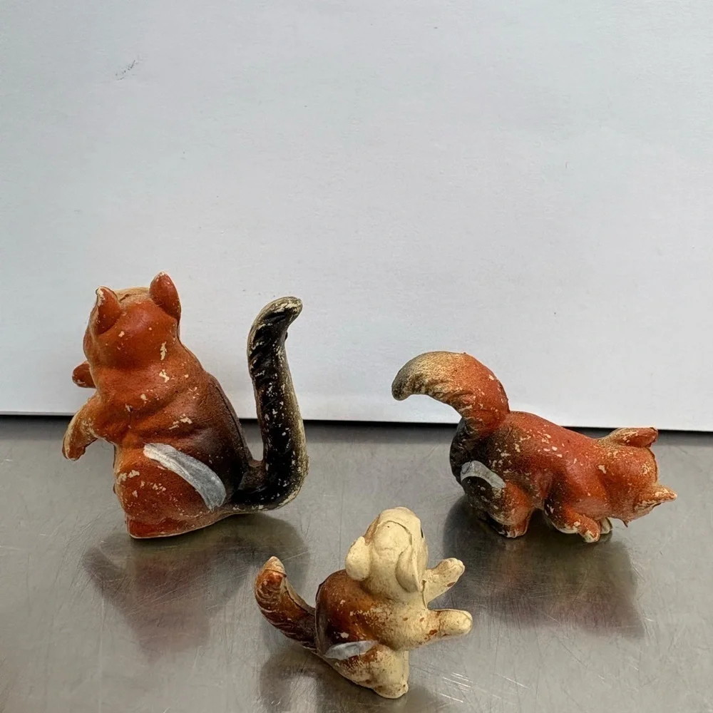 3 Vintage Plastic Squirrel Figurines Toys - Marked Hong Kong Mini Miniature